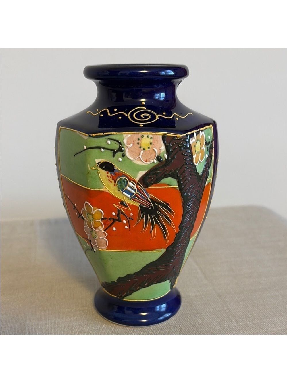 Vintage Japanese Moriage Vase Bird & Tree Motif Gold Accents Cobalt Blue